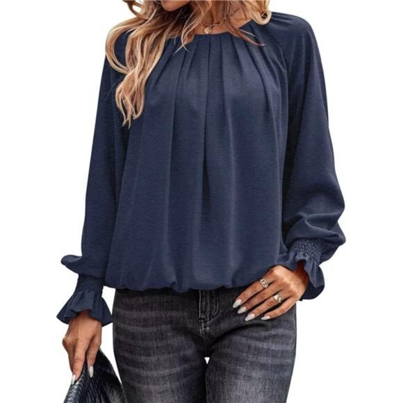 Women Long Flare Sleeves Blouses Pleated Crewneck Relaxed Fit Tunic Fall Tops - Picture 1 of 7